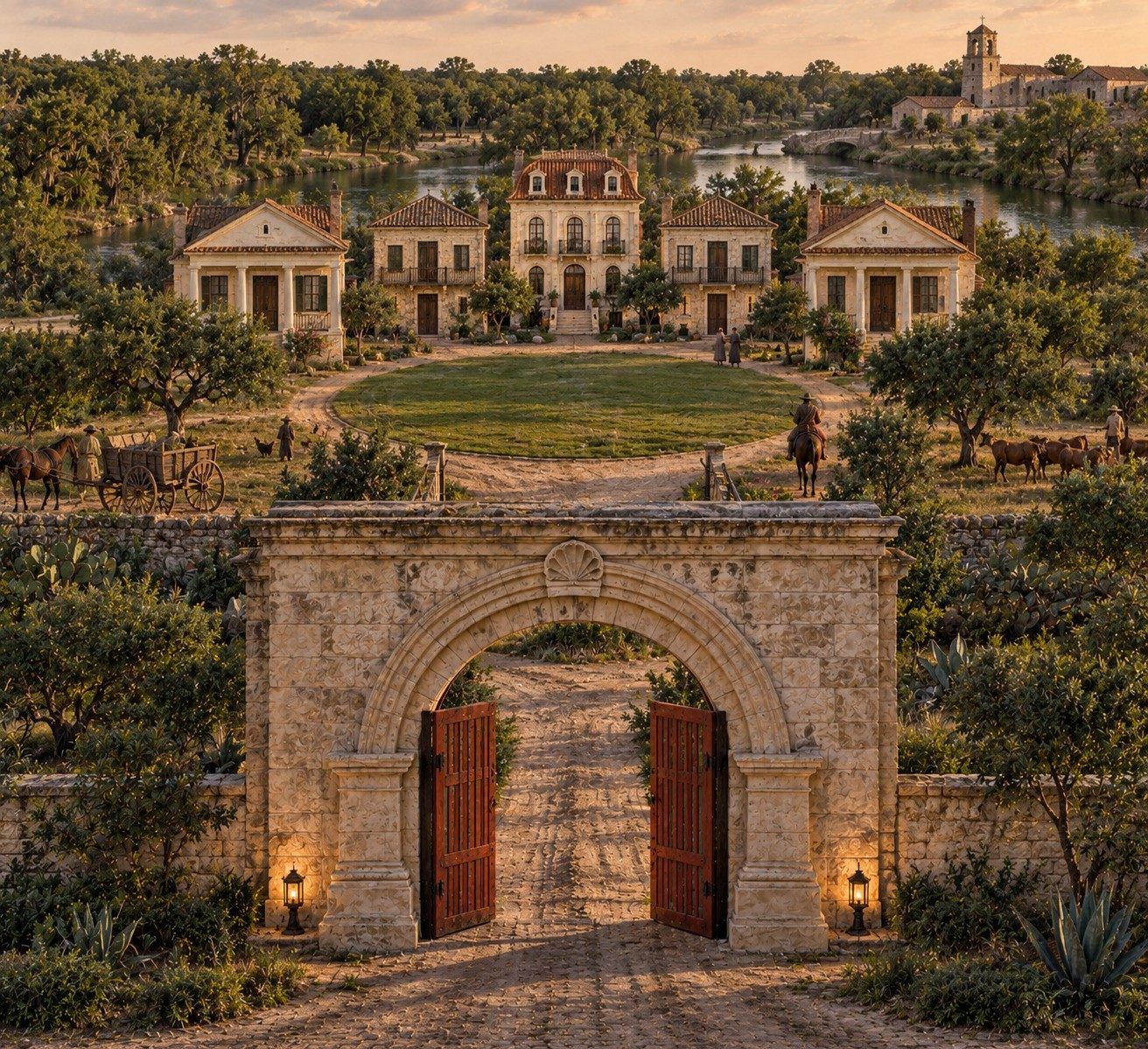 A walled hacienda estate at golden hour: a stone gate with open wooden doors leads up a straight drive to a grand three-story manor house flanked by four matching cottages, the river and a distant mission bell tower behind.