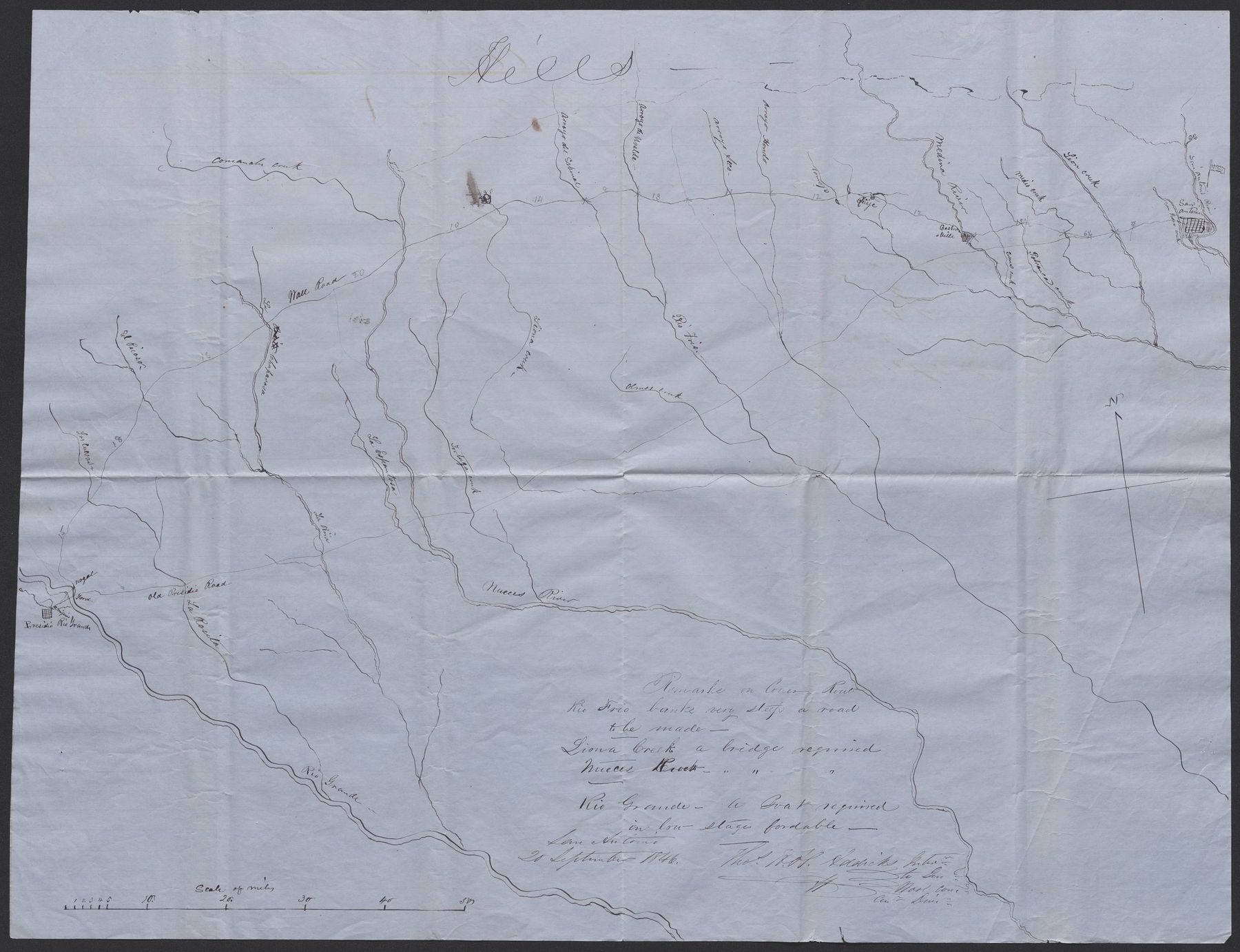 Thomas Addicks&rsquo;s hand-drawn map of the route from San Antonio to Presidio del R&iacute;o Grande, September 20, 1846