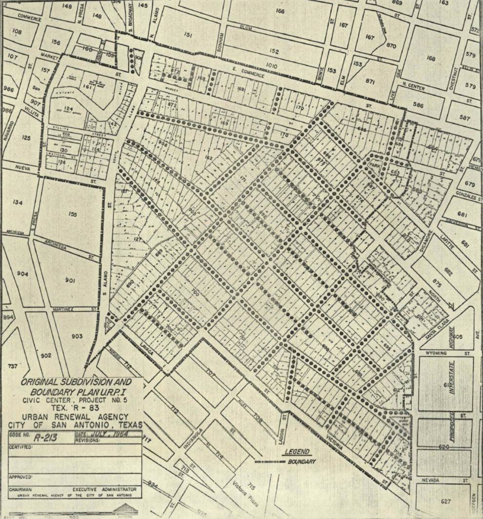 Urban Renewal Agency boundary plan, July 1964: the project line drawn around Germantown, with the streets to be closed marked