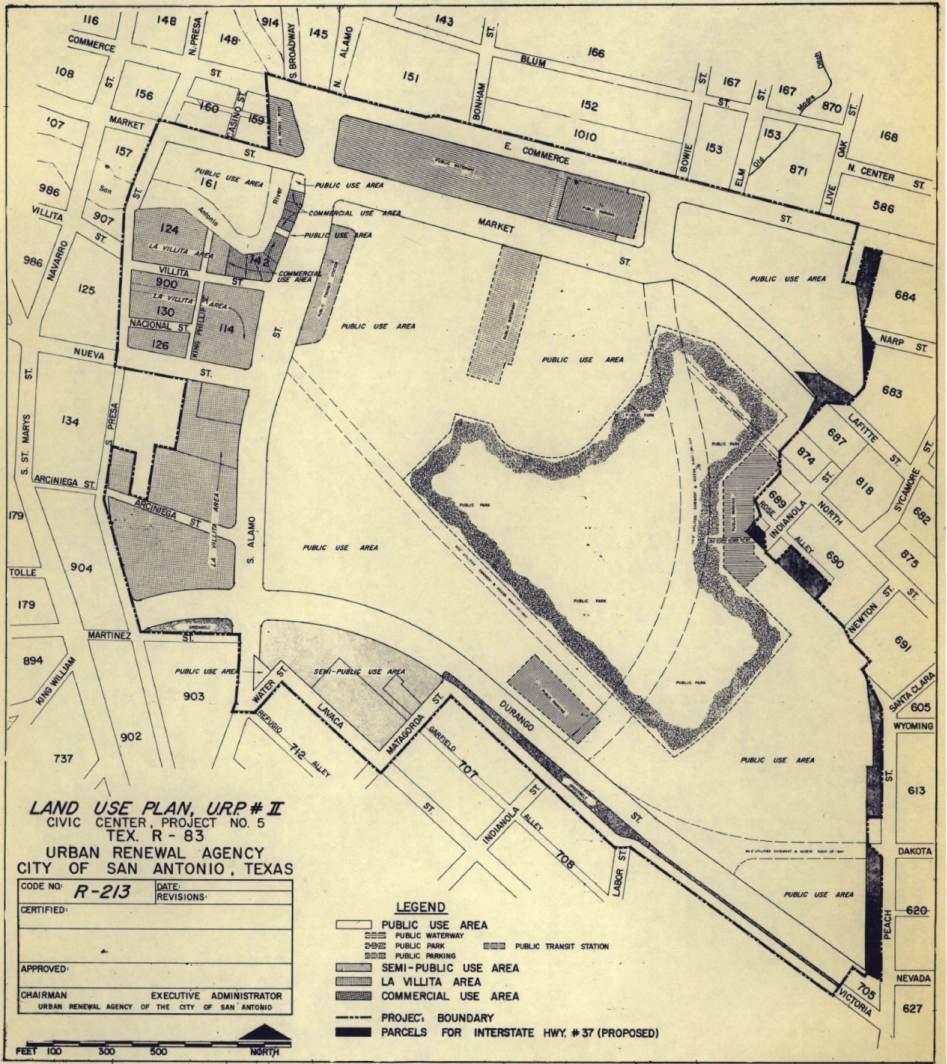 Urban Renewal Agency land use plan, 1966: the cleared blocks marked as public use area, a park, parking and parcels for Interstate 37
