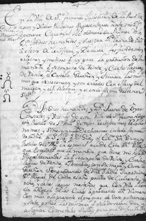 Sworn declaration of Andr&eacute;s Hern&aacute;ndez and Juana de Hoyos, Villa de San Fernando, January 28, 1765, with cattle brands drawn in the left margin