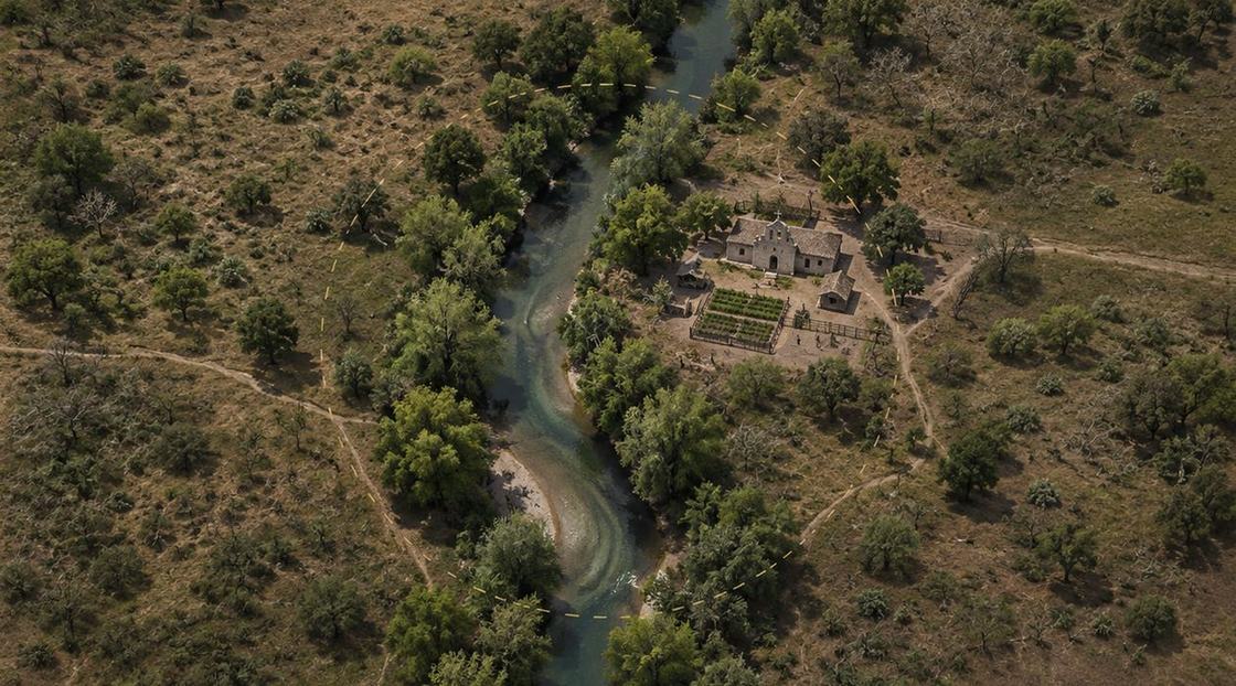 Illustrated reconstruction: Aerial view of the San Antonio River winding through open brush country, with the mission and its garden beside it.