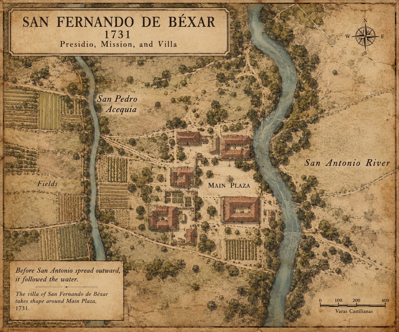 Illustrated reconstruction: San Fernando de Bexar in 1731, with Main Plaza between the San Antonio River and San Pedro acequia, small houses and irrigated fields.