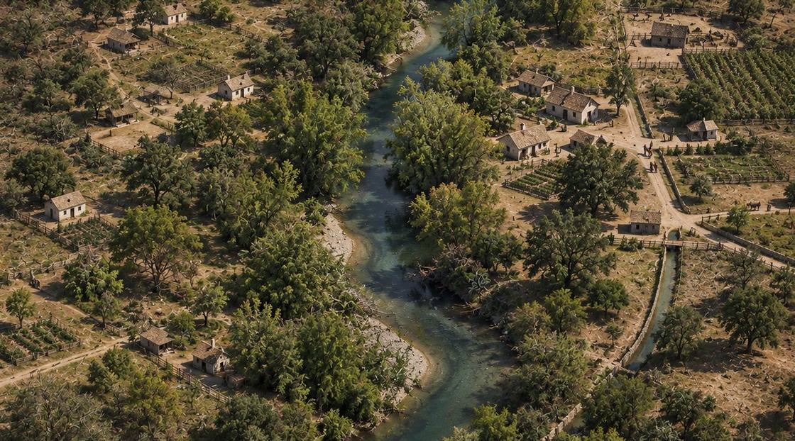 Illustrated reconstruction: Aerial view of scattered stone cottages, fenced gardens and farm plots along the river.