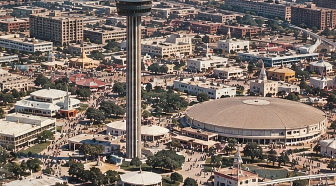 Illustrated reconstruction: aerial of HemisFair ’68 with the Tower of the Americas, the round arena, pavilions and the monorail.
