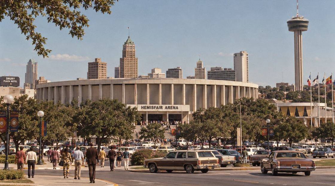 Illustrated reconstruction: HemisFair Arena from the street in the 1970s, with parked cars, pedestrians and the Tower of the Americas beyond.