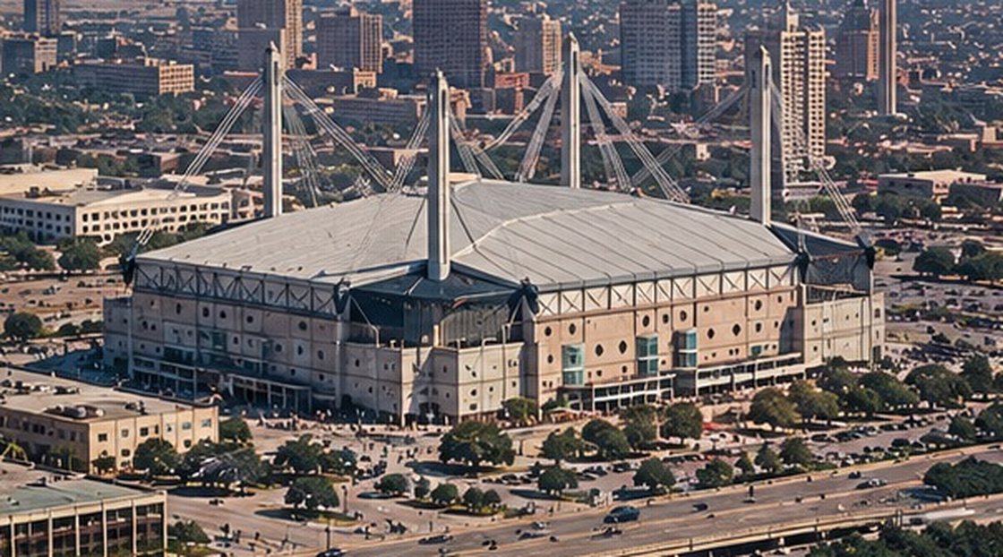 Illustrated reconstruction: aerial of the new Alamodome and its roof masts, the highway in front, downtown and the Tower of the Americas behind.