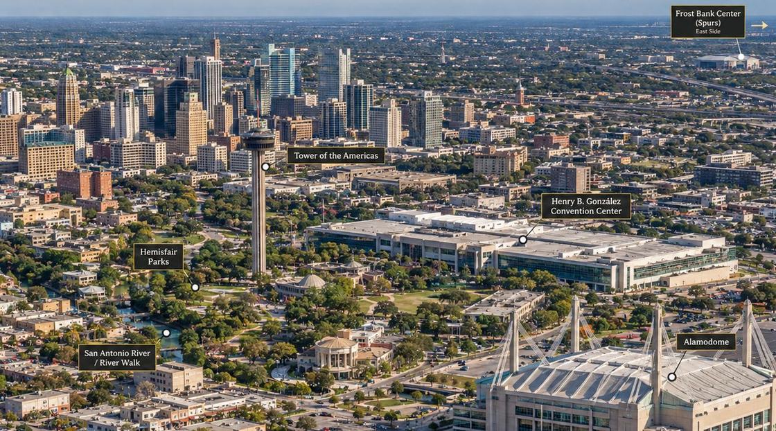 Illustrated reconstruction: Present-day aerial of Hemisfair, labeled: Tower of the Americas, Hemisfair Parks, Convention Center, River Walk, Alamodome, and Frost Bank Center to the east.
