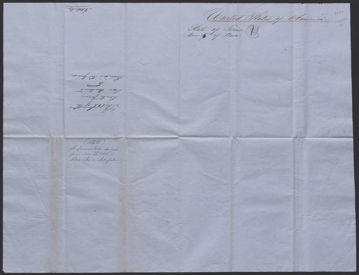 The back of the map: a blank Bexar County form, with the title written sideways