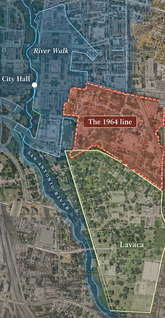 Illustrated aerial of the 1964 urban renewal line in red, with Lavaca in green directly south, never cleared, and the river corridor and River Walk in blue to the west, by City Hall.