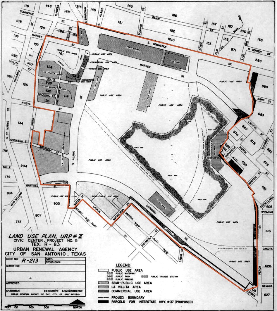 Urban Renewal Agency land use plan, 1966: Germantown's blocks cleared and relabeled public use area, inside the project boundary, traced in red